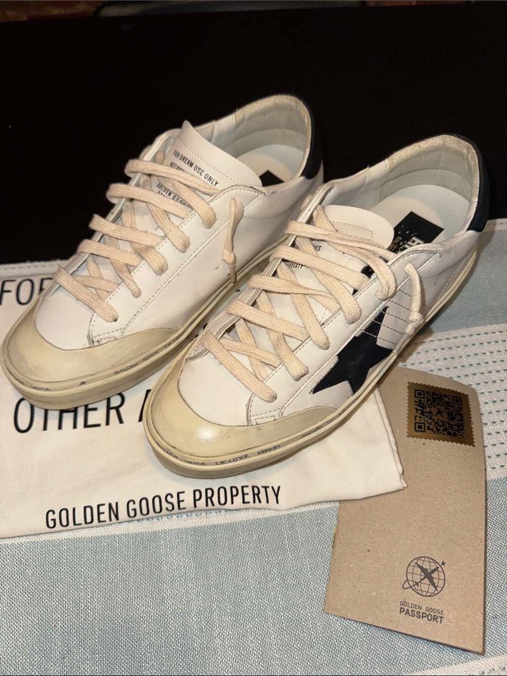 Golden Goose White Leather Sneakers with Black Star and Cream Accents